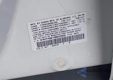 2009 Honda Pilot Ex-L z USA, uszkodzony, nr VIN 5FNYF48619B033959